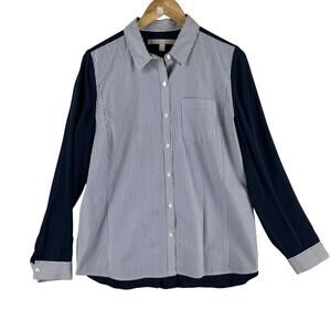 Nordstrom Collection WMNS Mixed Media Silk/Cotton Blouse SZ M Navy Striped